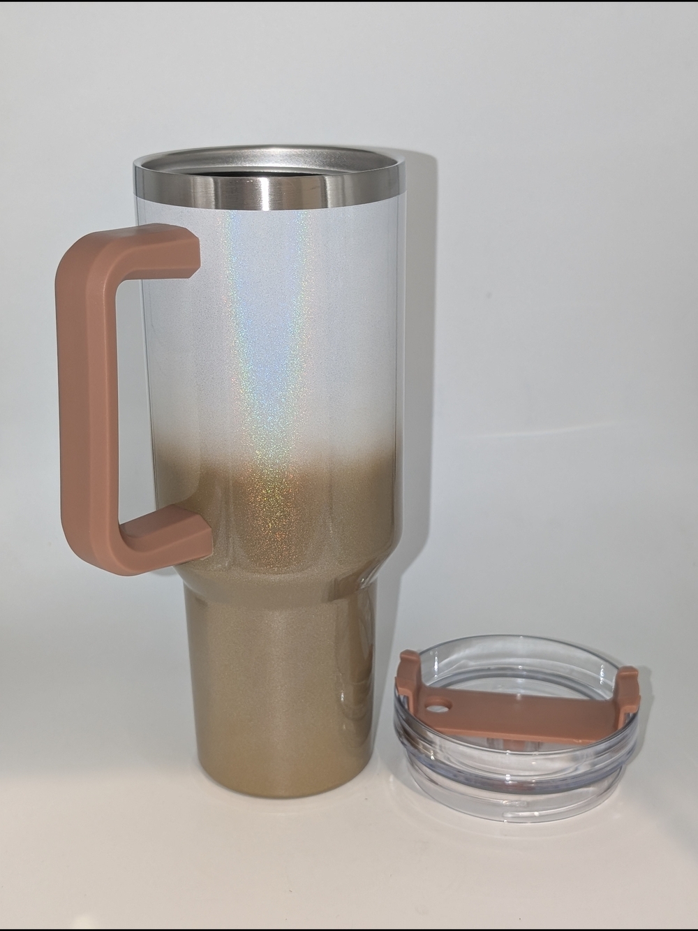 Iridescent Gold Travel Stainless Steel Tumbler with Dusty Rose Handle (Brandnew)